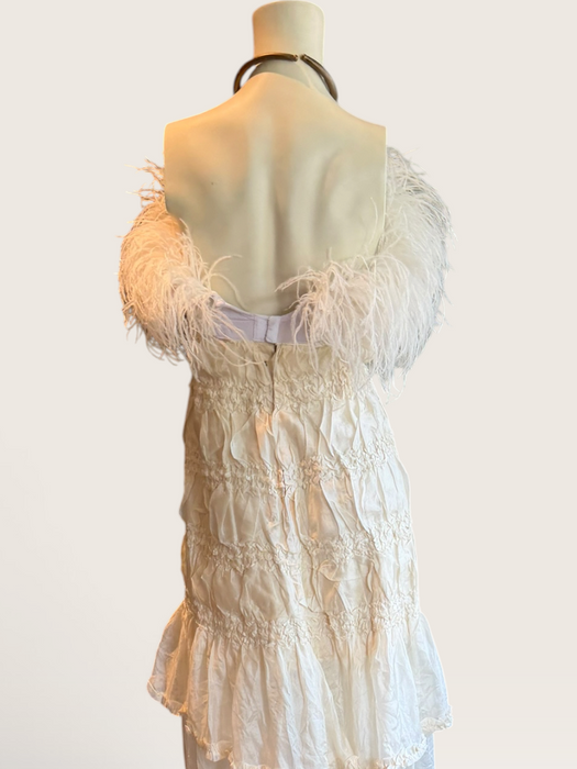Bodie, vintage white ostrich feather and Victorian silk ruffle skirt