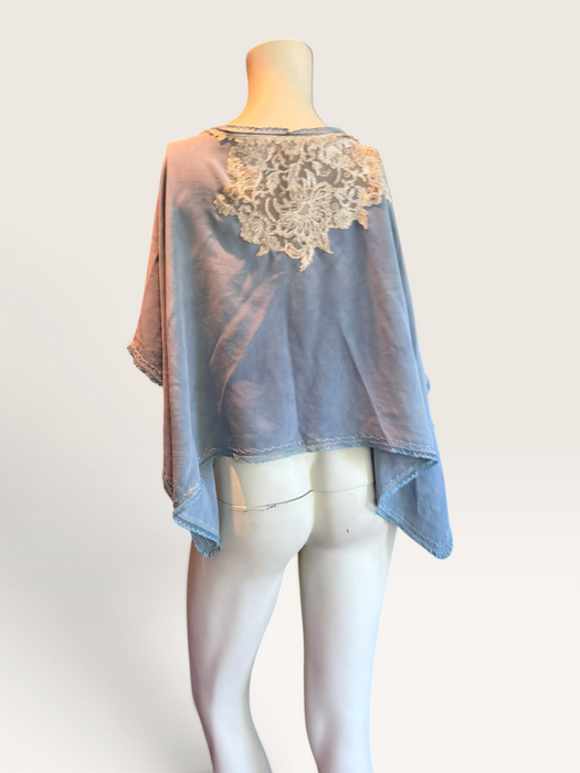 Adina, 30s, hand dyed pale blue silk and lace jacket