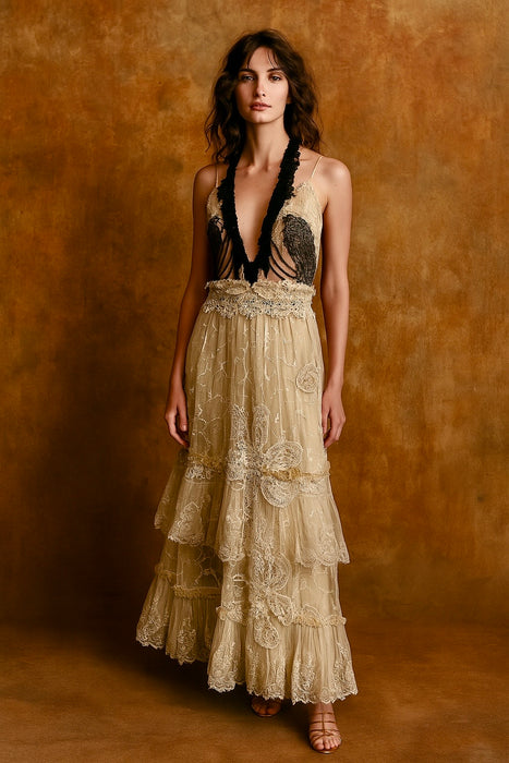 Saturne, reworked Victorian and 1920s organza ruffle halterneck dress