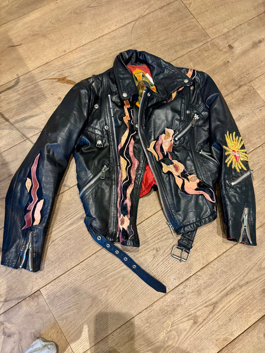 Holi, 70s black leather hand painted jacket with 70s embroideries