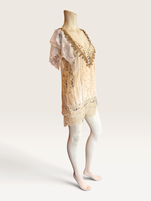 Ally, reworked 1920s silk and lace tunic with rhinestone detailing