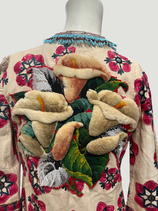 Chapan, early 19th C Uzbek chapan embroidered and beaded robe with couched Edwardian floral embroidery and turquoise buckle