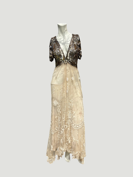 Daisy, 20s black and gold floral sequins and Victorian ecru lace dress
