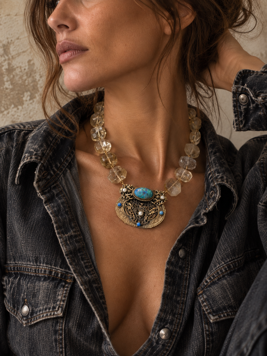 Jasmir, reworked lemon Quartz raw cut gems set with a  Victorian gold plated pendant