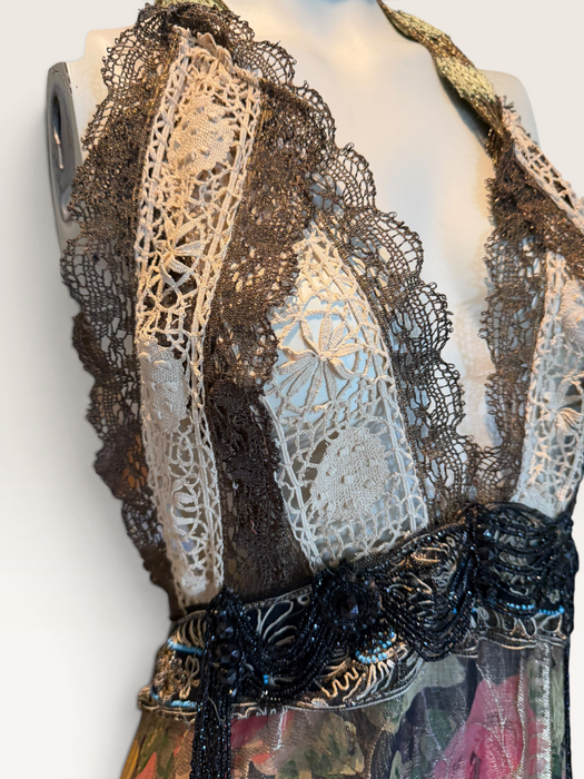 Dray, reworked 1920s floral lamé and metallic dress with glass black jet beaded fringed waistband