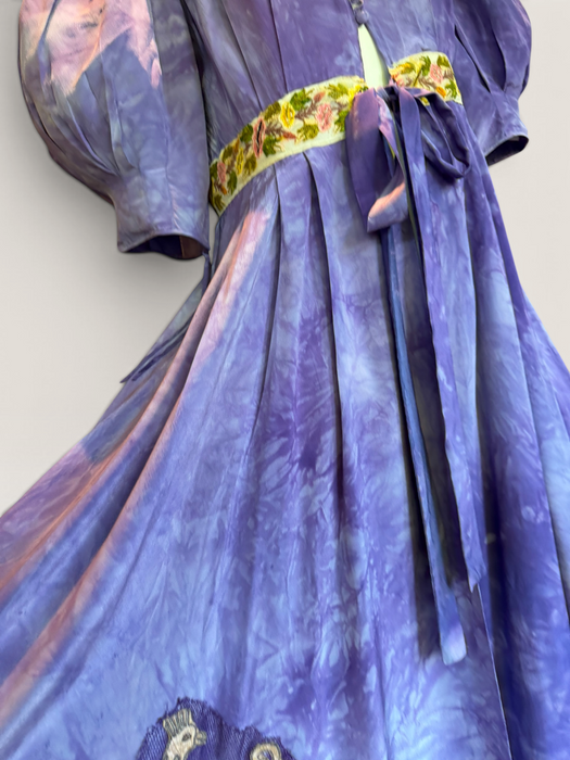 Hyacinth, 30s hand dyed silk robe with Edwardian ribbon florals