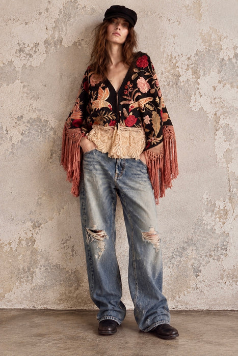 Jenx, reworked Hungarian 1930s fringed embroidered jacket