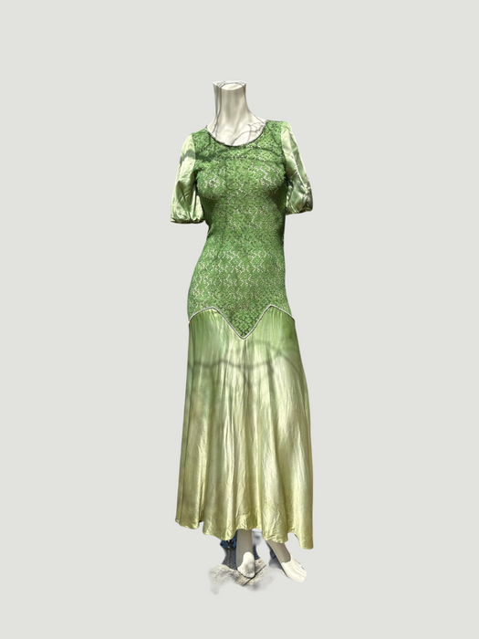 Astrid, 1930s silk and lace green hand dyed bias cut dress with rhinestone details