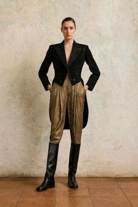 Jen, reworked 40s wool tail coat with Antique gold dragon embroidered design