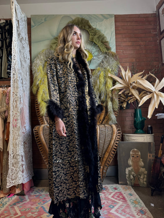 Colette, 30s lack and gold print robe with feather hem