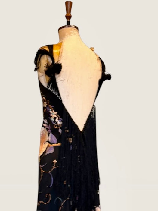 Angel, reworked 30s silk embroidered piano shawl bias cut dress