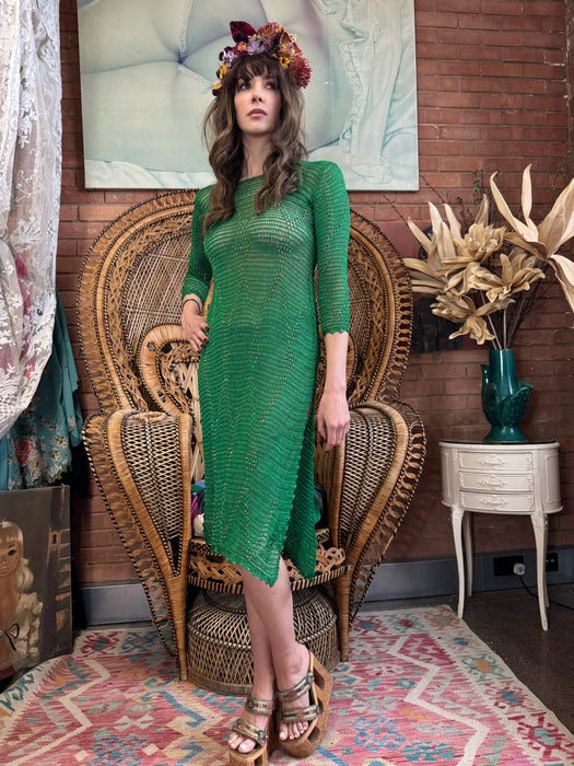 Hera, 70s green beaded knit silk dress