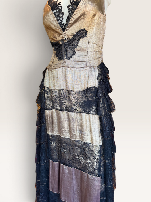 Fay, reworked 1930s gold and black lace tiered dress