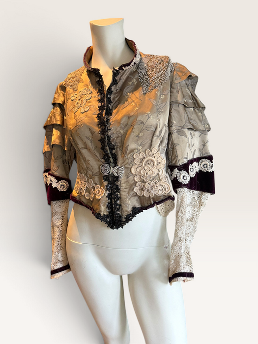 Carlotta, reworked Victorian silk damask and lace boned beaded jacket