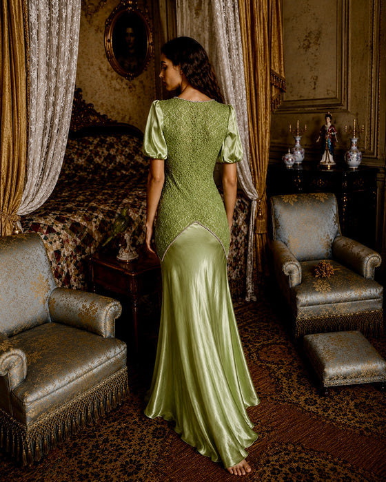 Astrid, 1930s silk and lace green hand dyed bias cut dress with rhines – One Vintage