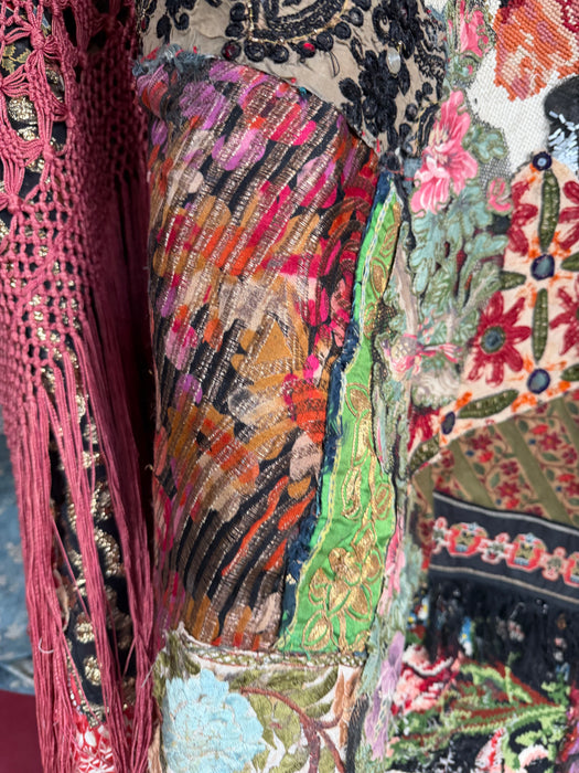 Stacey, reworked 1930, wool embroidered cape with faux fur collar