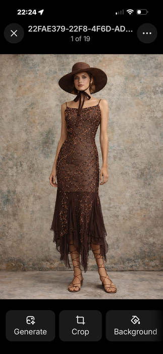 Tory, 90s beaded brown bias cut chiffon handkerchief dress