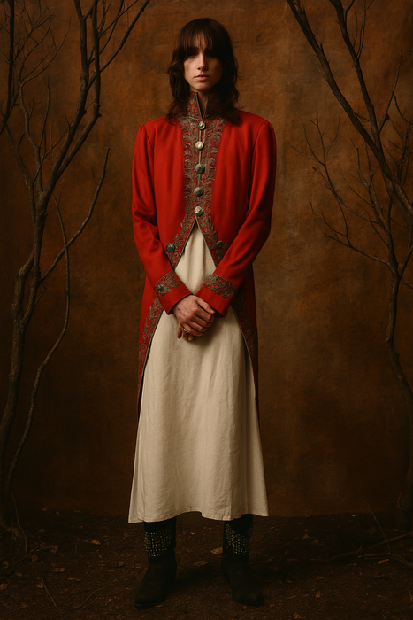 Miel, 19th C, red beaded embroidered tailcoat