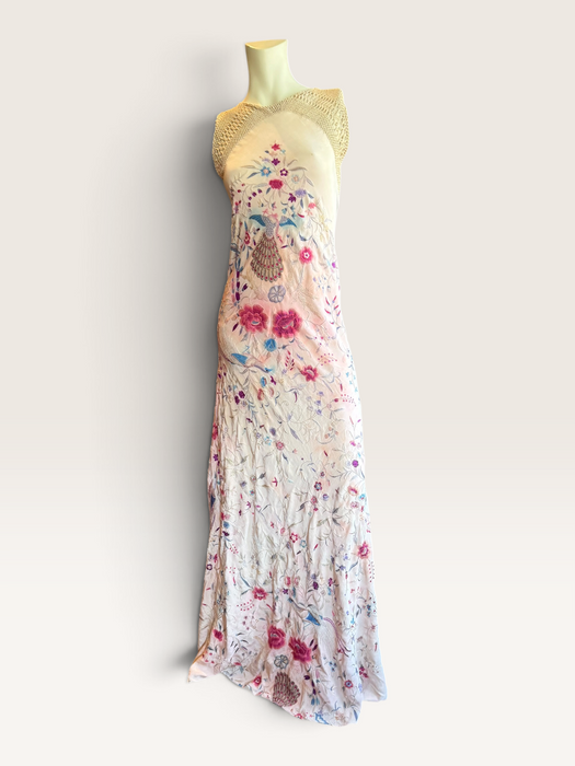 Daria, reworked bias cut cream piano shawl embroidered fringed dress
