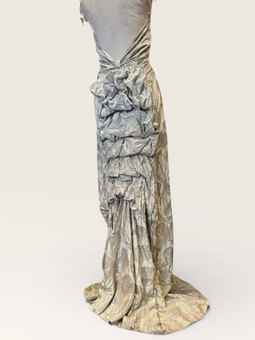 Monica, 20s silver floral lamé dress with bustle train