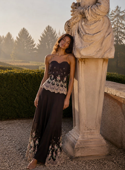 Andrea, 1970s black crepe and lace tiered dress