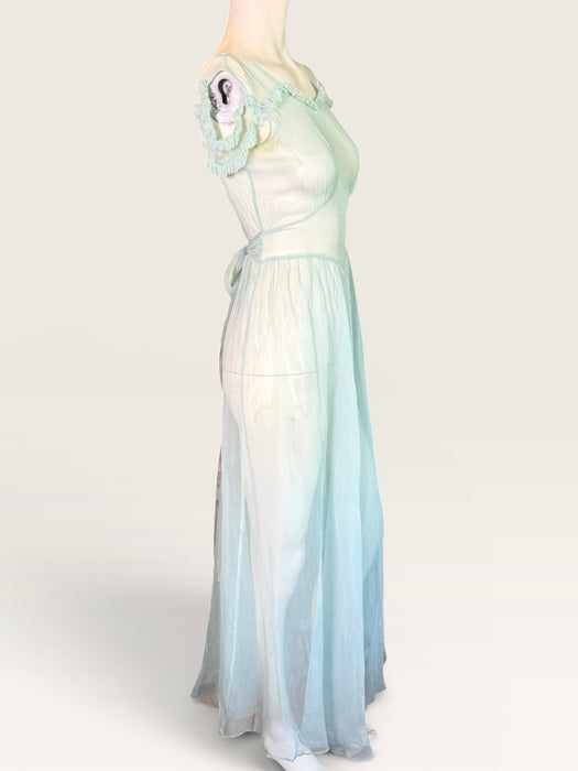 Ettore, original 30s pale blue silk chiffon dress with waist tie and frill shoulders
