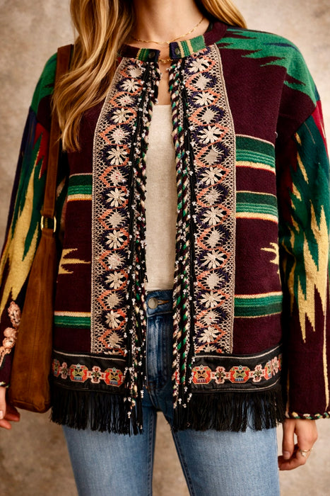 Holly, 70s reworked Mexican beaded jacket with antique embroidery