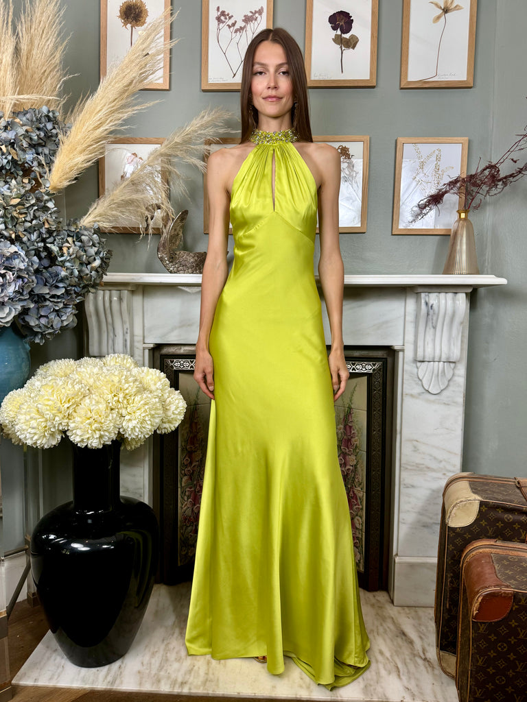 lina dress ladies london Lina, lime green silk and beaded dress – One Vintage