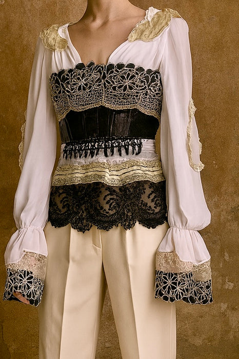 Pluto, reworked corseted lace and beaded poet blouse