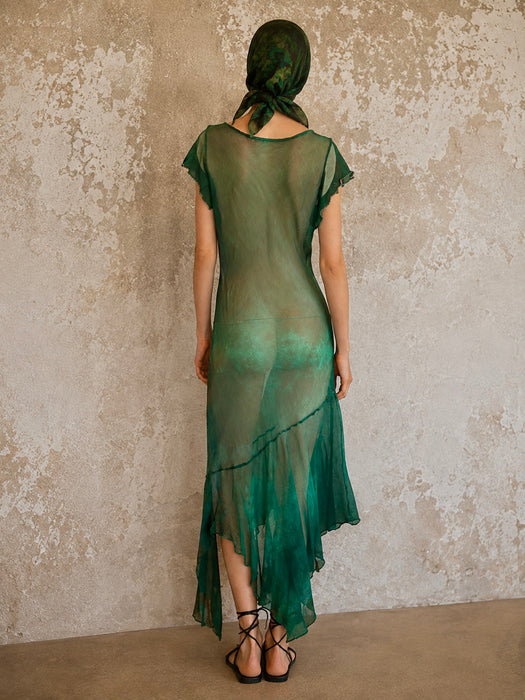 Ronda, hand dyed emerald green bias cut, asymmetric vintage chiffon beaded dress