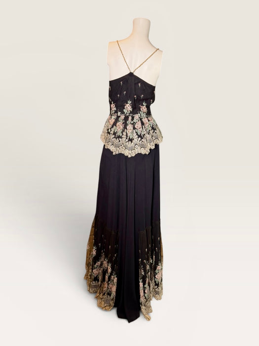 Andrea, 1970s black crepe and lace tiered dress