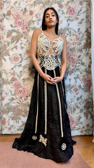 Alina, reworked Victorian tape work and silk lace dress