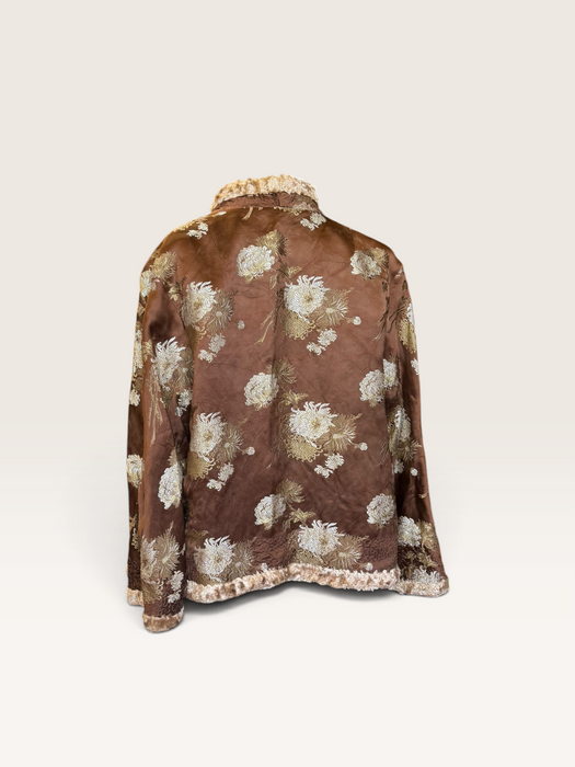 Edina, 70s Oriental camel silk damask teddy lined jacket