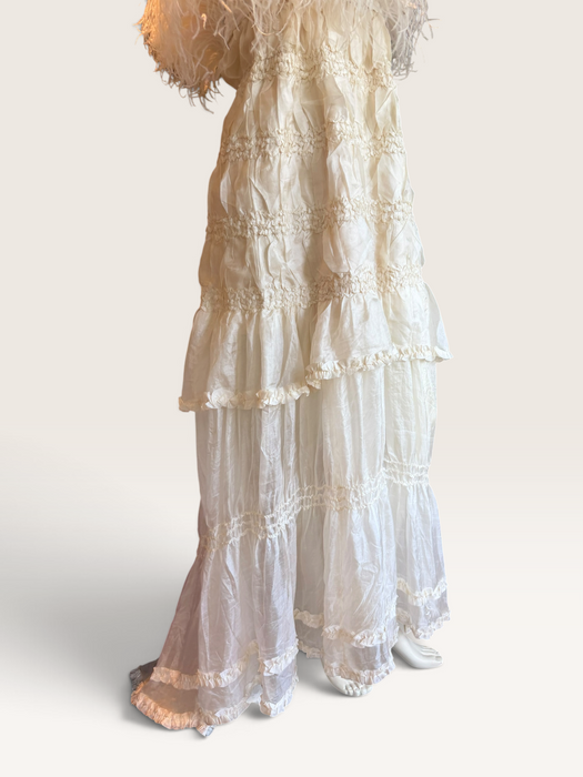Bodie, vintage white ostrich feather and Victorian silk ruffle skirt