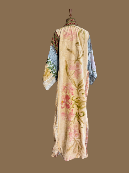 Moana, reworked 40s silk patchwork and hand painted velour long kimono