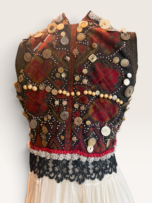 Natalia, reworked Victorian tiered skirt and Afghan beaded dress