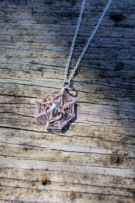 Lane, Victorian silver spiderweb charm on a silver chain