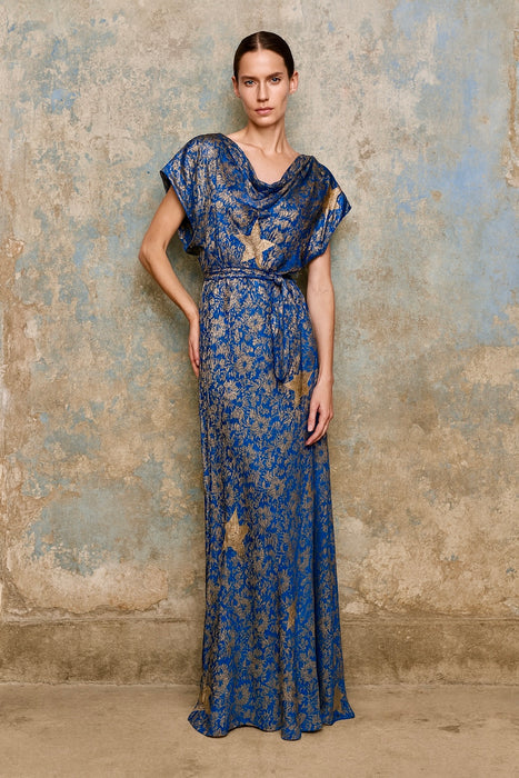 Slay, 30s blue and silver lamé bias cut dress with silver stars