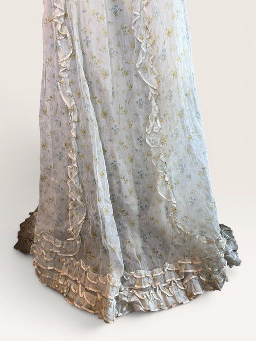 Sage, reworked Victorian embellished corset and organza frill long floral print skirt