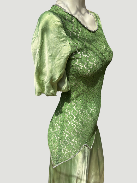 Astrid, 1930s silk and lace green hand dyed bias cut dress with rhinestone details
