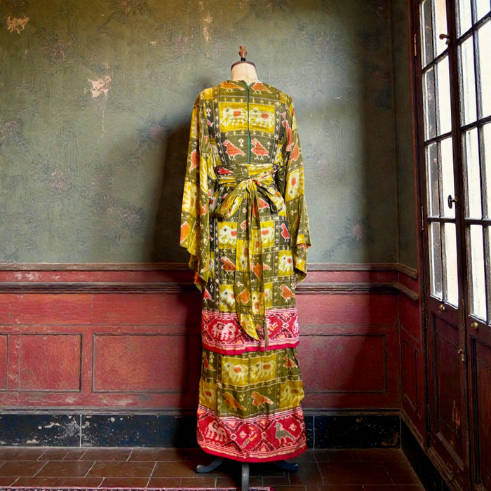 Thea Porter, Couture 70s silk print angel sleeve tiered dress