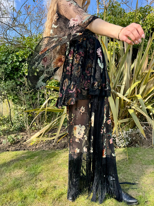Morgana, reworked long floral devoré fringed dress