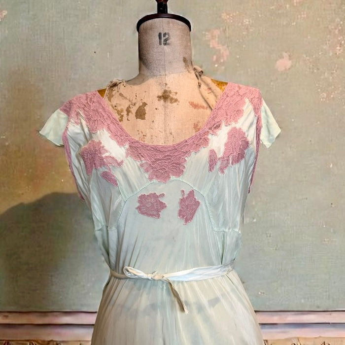 Apoline, 30s bias cut mint green and pink lace silk slip dress