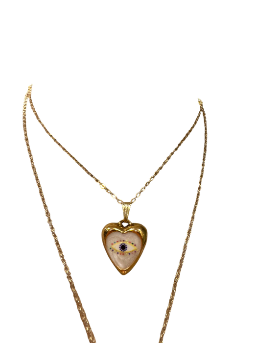 Erin, vintage heart shape ceramic eye charm and 14 c gold pendant and chain