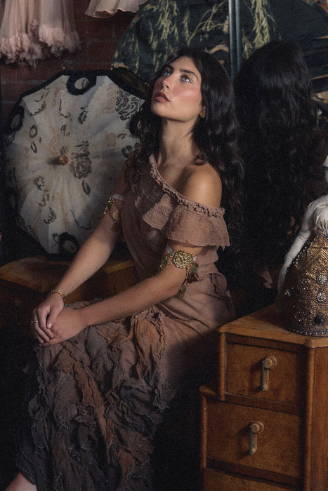 Anita, hand dyed vintage fishtail ombré muslin tiered dress