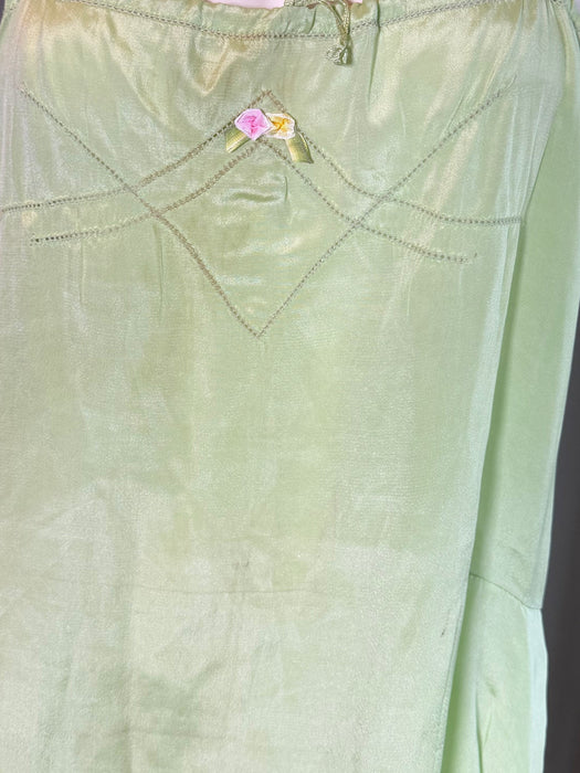 Tara, 1920s apple green silk and lace scalloped short dress with floral ribbon detail