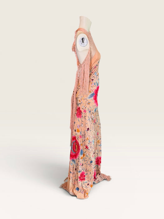 Mina, reworked 1940s silk embroidered fringed piano shawl dress
