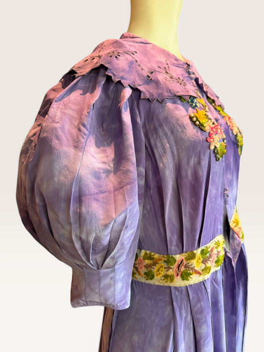 Hyacinth, 30s hand dyed silk robe with Edwardian ribbon florals
