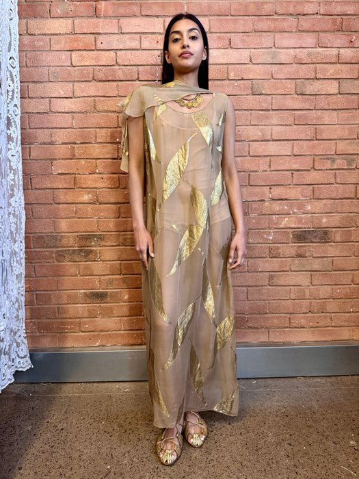 Molly, 20s silk chiffon dress with gold leaf print