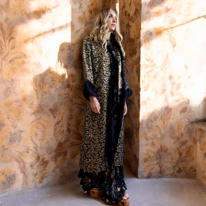 Colette, 30s lack and gold print robe with feather hem